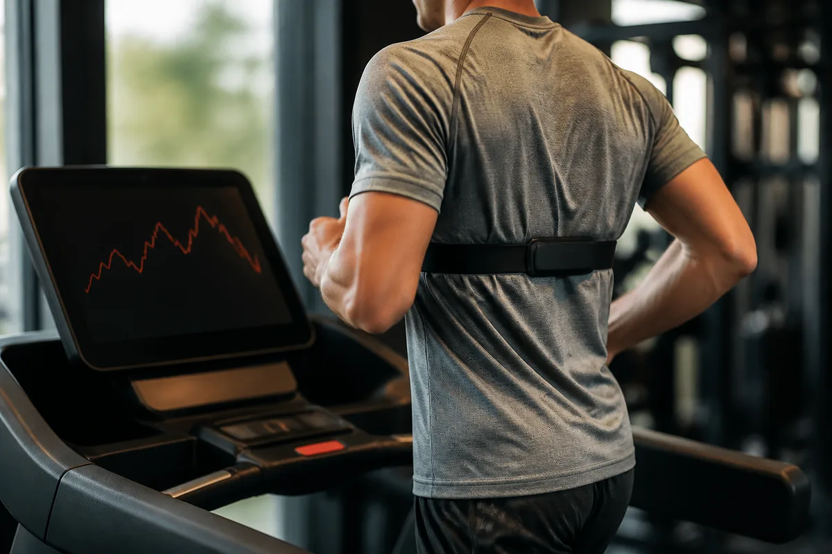Coureur sur tapis en salle avec ceinture pectorale, écran affichant une courbe de pulsations