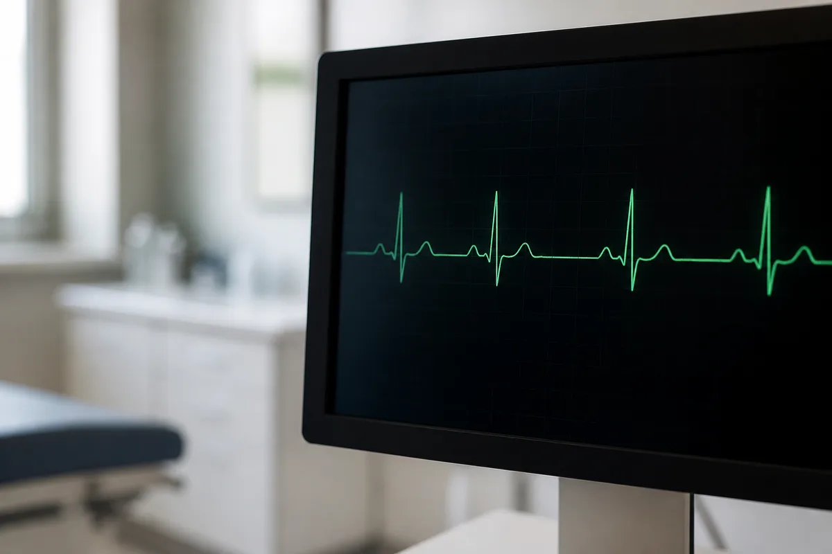 Tracé d’électrocardiogramme sur écran de moniteur dans un cabinet médical, éclairage sobre