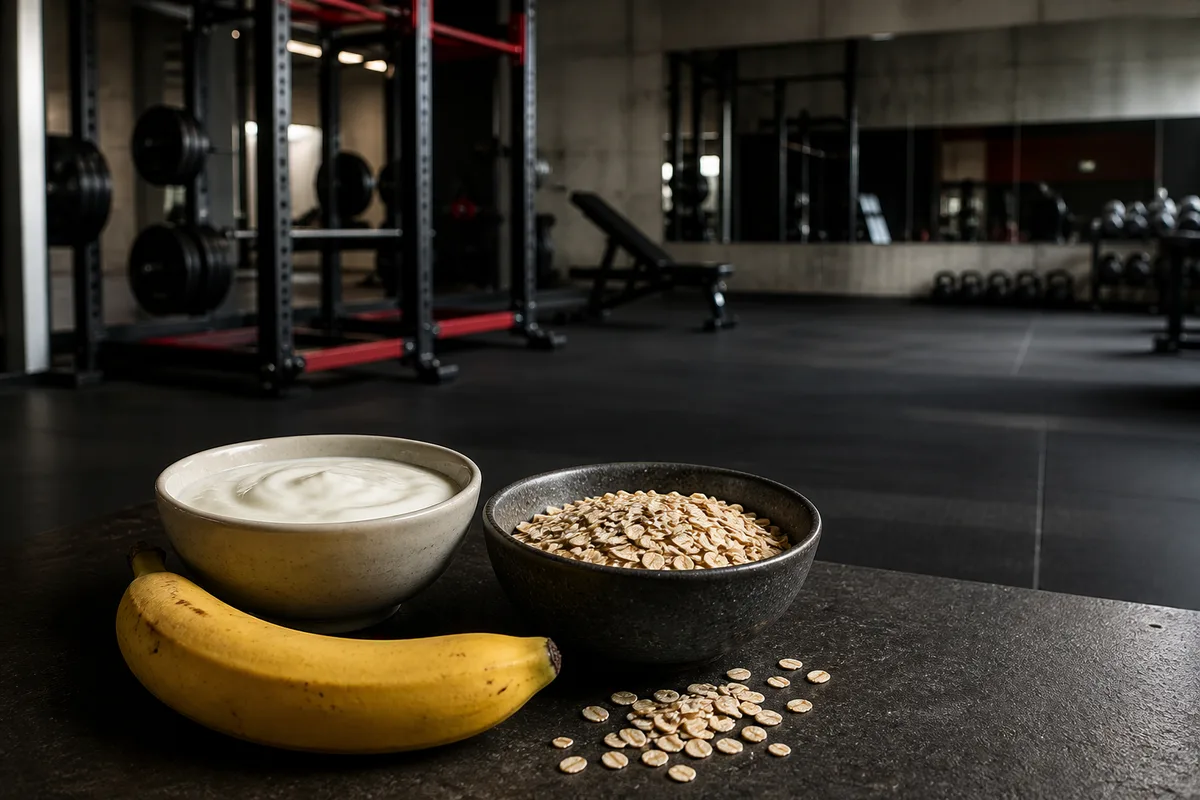 Banane, flocons d&rsquo;avoine et yaourt disposés sur une table avant un entraînement