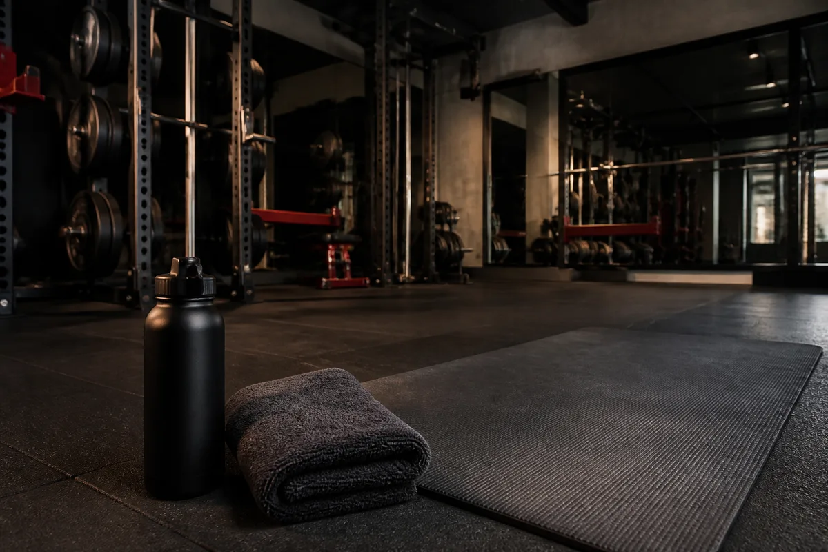 Gourde d&rsquo;eau et serviette posées au bord d&rsquo;un tapis de sol dans une salle