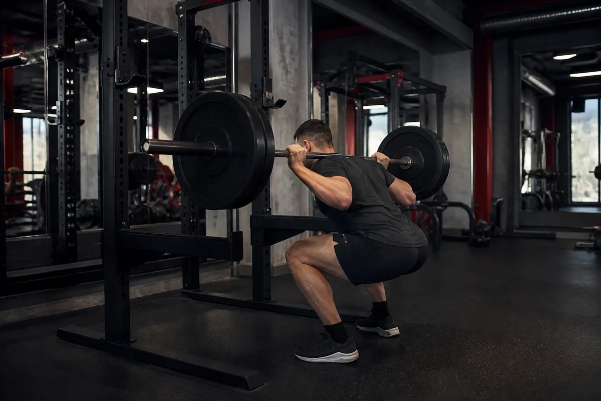 Pratiquant réalisant un squat barre lors de la première partie d’une séance full body en salle