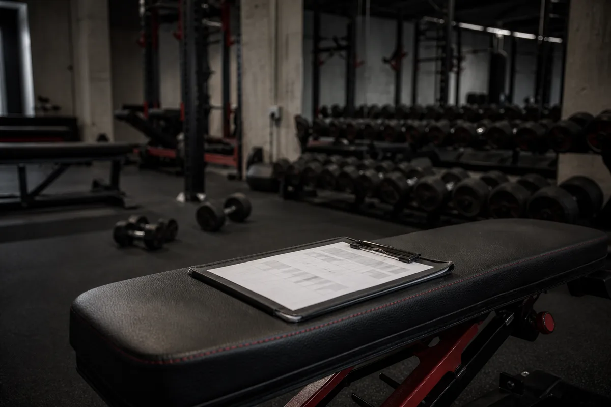 Tableau de suivi d’entraînement posé sur un banc de musculation avec haltères en arrière-plan