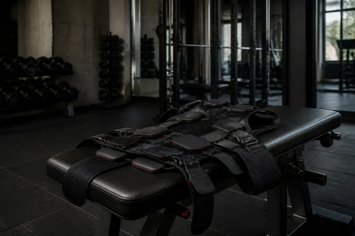 Sangles et électrodes d’un gilet d’électrostimulation posés sur un banc dans une salle d’entraînement