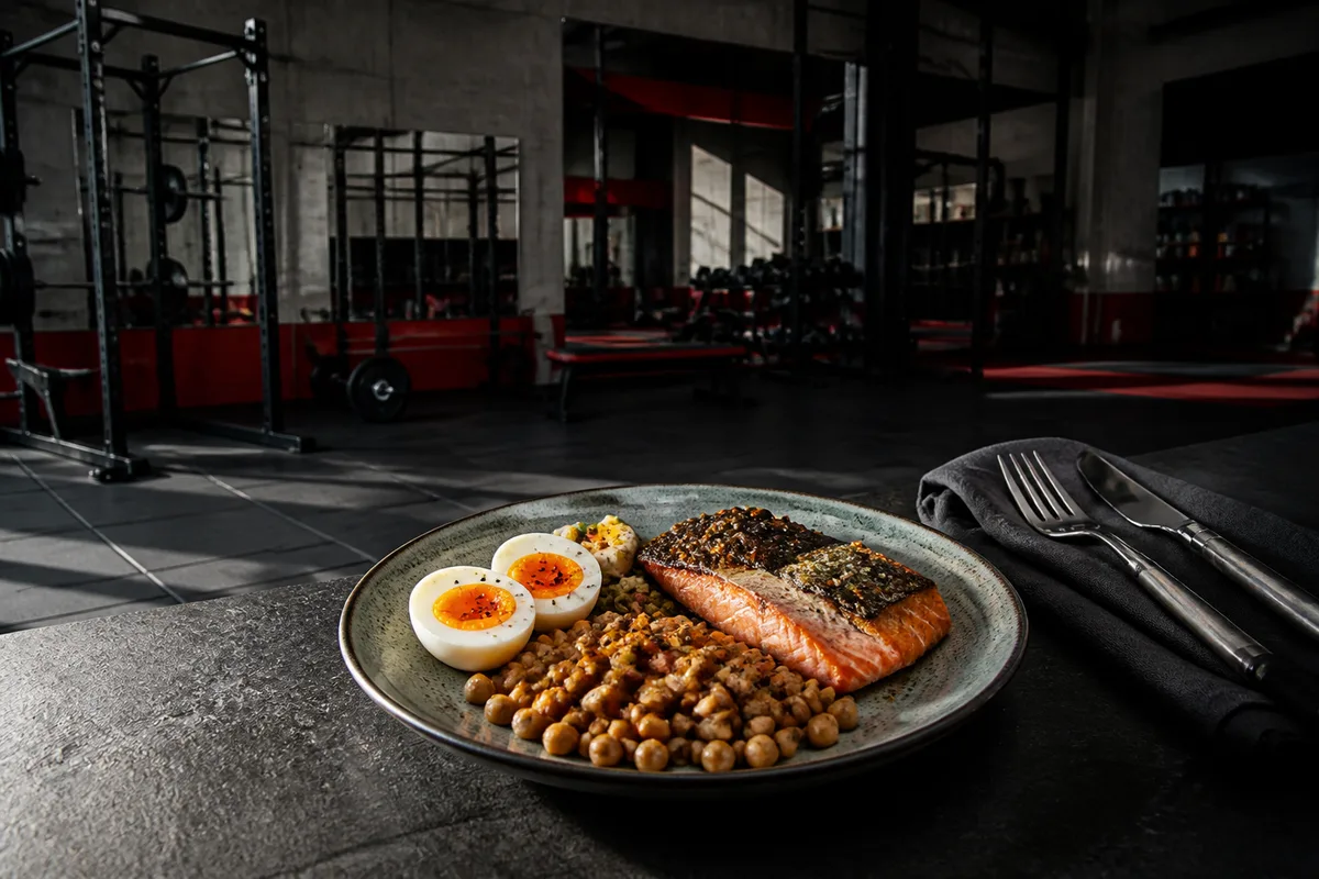 Assiette équilibrée avec œufs, légumineuses et poisson, source alimentaire de protéines