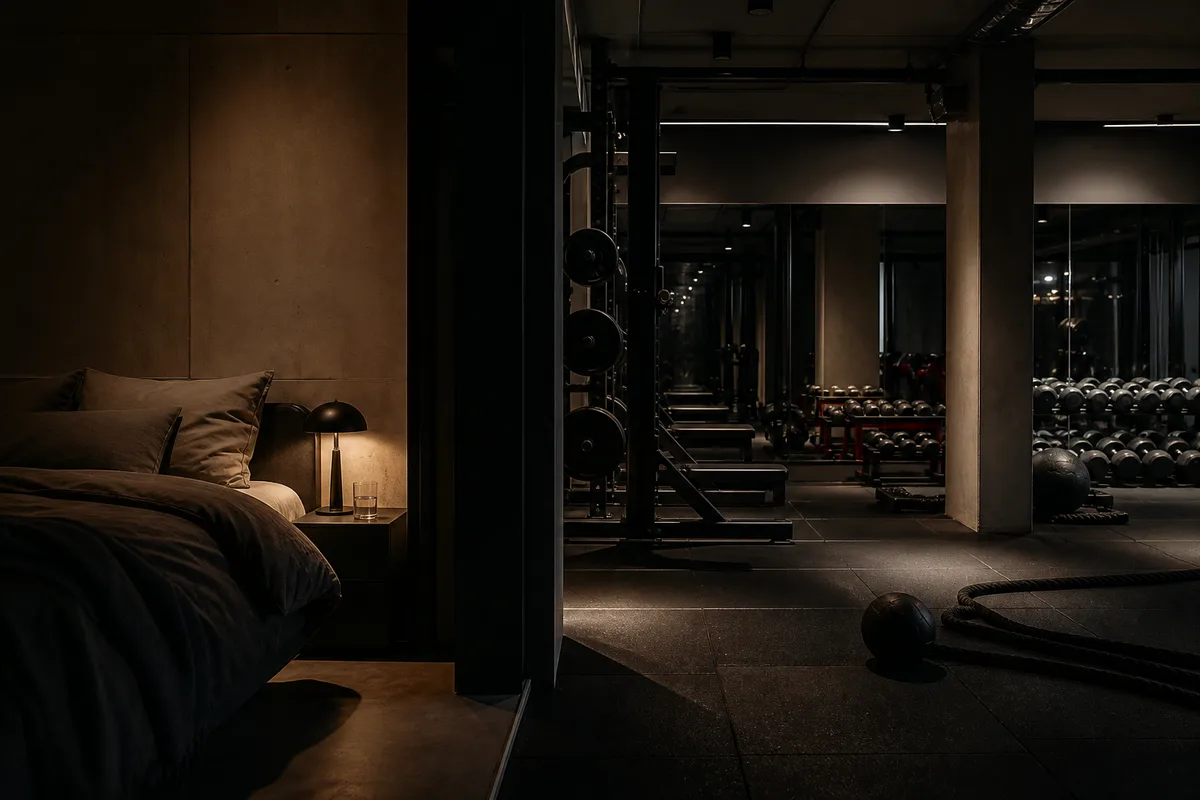 Chambre calme avec lumière tamisée, symbole du repos nocturne du sportif